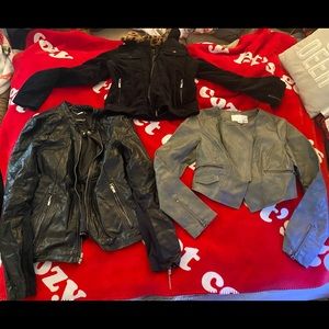 Two leather jackets $25 each one faux fur cheetah print jacket $15